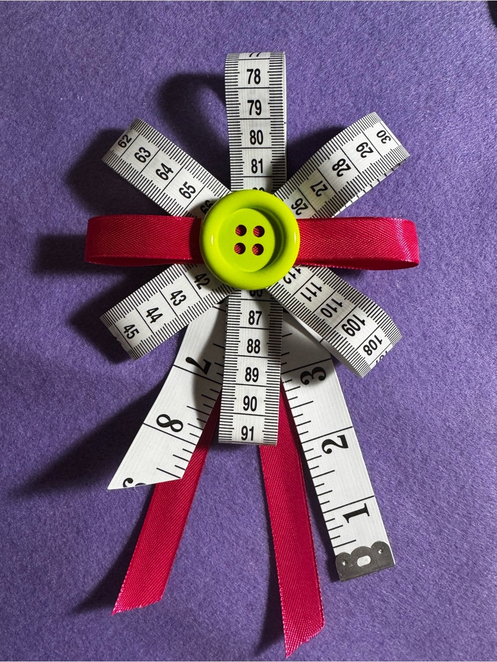 Handmade Measuring Tape Ribbon Rosette with Lime Button